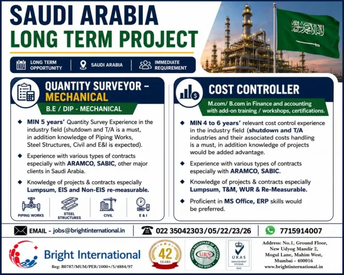 Bright International job advertisement for Quantity Surveyor and Cost Controller positions in Saudi Arabia