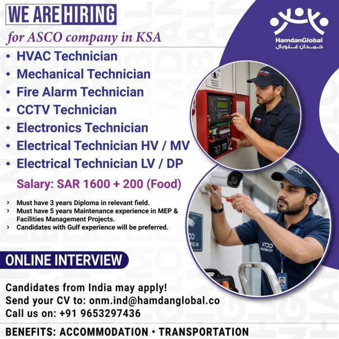 HamdanGlobal hiring technicians for ASCO KSA