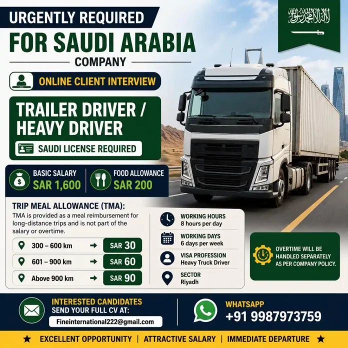 Trailer driver heavy vehicle Saudi Arabia job vacancy