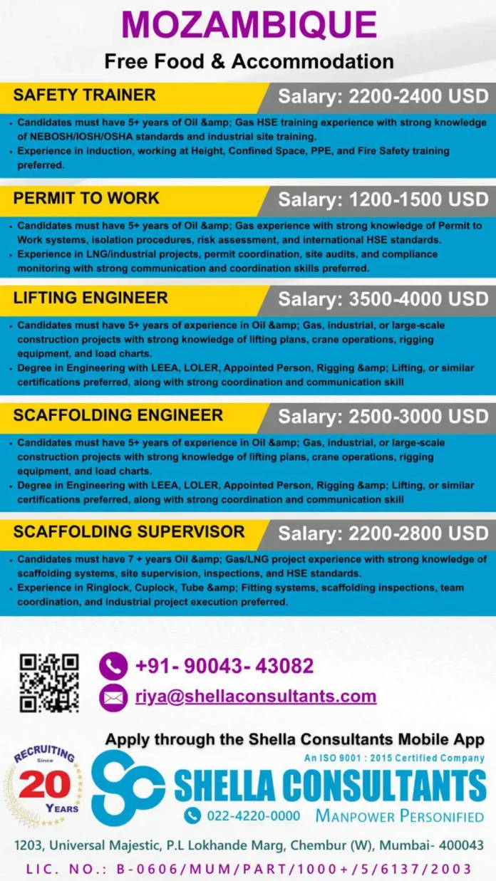 Oil and gas jobs in Mozambique with free accommodation