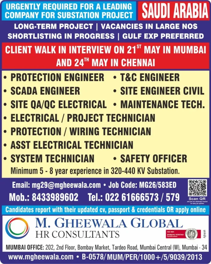Substation project Saudi Arabia walk-in interview hiring