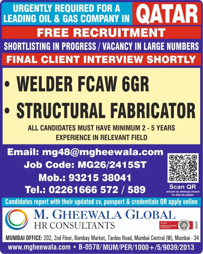 Welder FCAW 6GR and Structural Fabricator job vacancy in Qatar