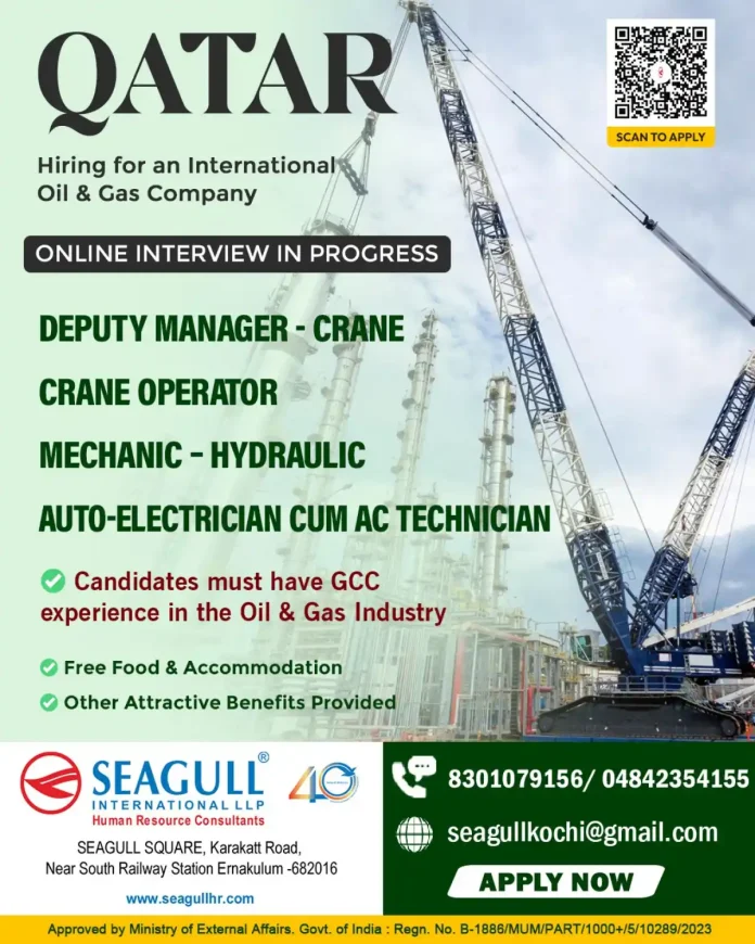 Qatar Oil & Gas jobs recruitment poster with positions and contact details