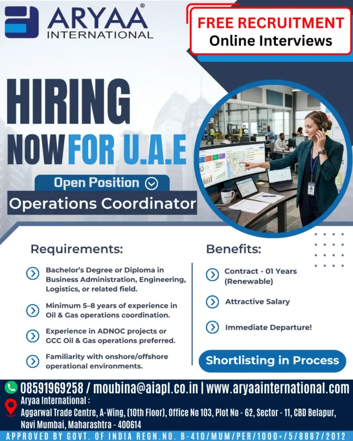 Operations Coordinator job UAE Aryaa International recruitment