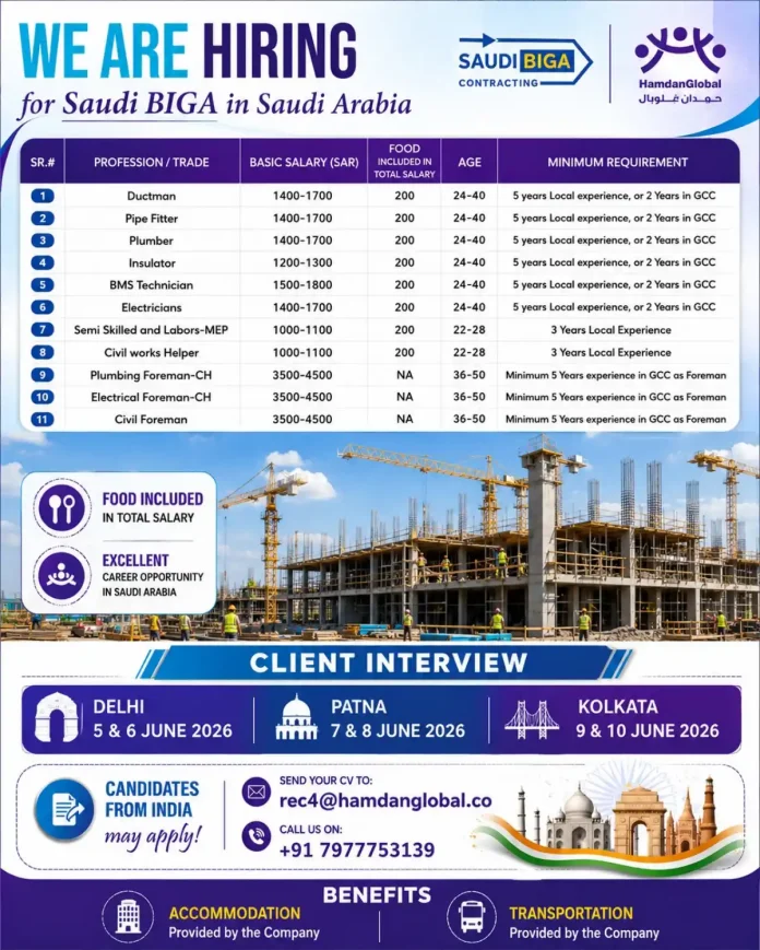 Saudi BIGA Contracting hiring advertisement with interview dates and positions