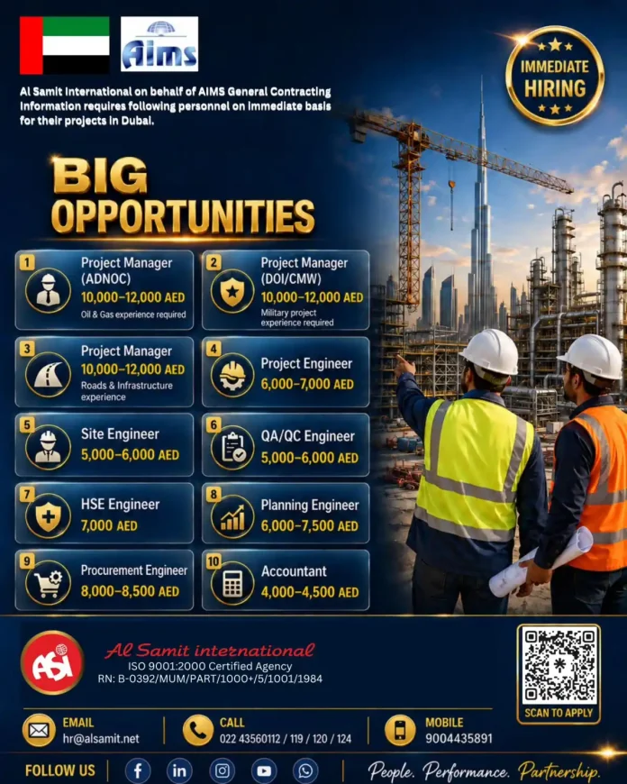 AIMS General Contracting immediate hiring banner with salary ranges and contact details