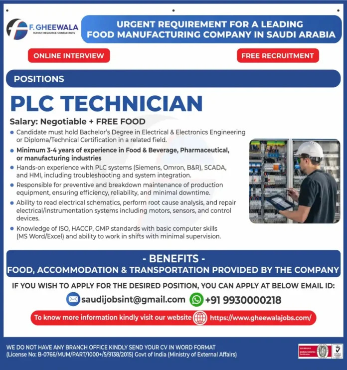 PLC Technician working on control panel food manufacturing Saudi Arabia