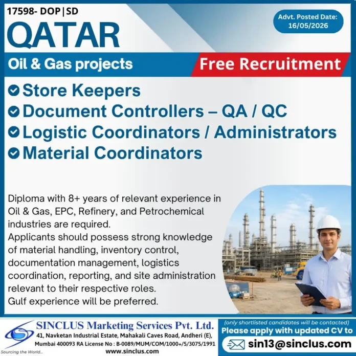 Oil and gas jobs Qatar document controllers logistic coordinators material coordinators
