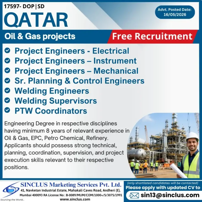 Oil & Gas project in Qatar recruitment for Engineers and Supervisors