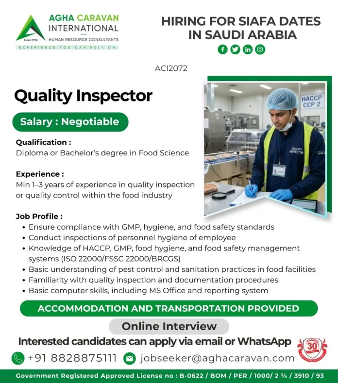 AGHA CARAVAN International hiring Quality Inspector for SIAFA Dates Saudi Arabia