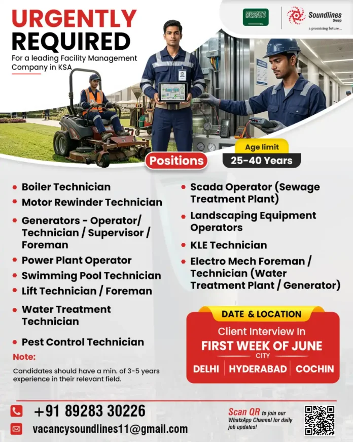 Soundlines Group job interview poster for facility management positions in KSA