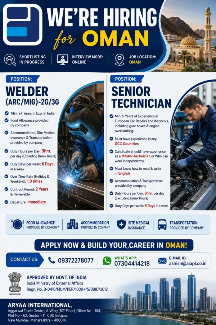 Job vacancy in Oman for Welder and Senior Technician
