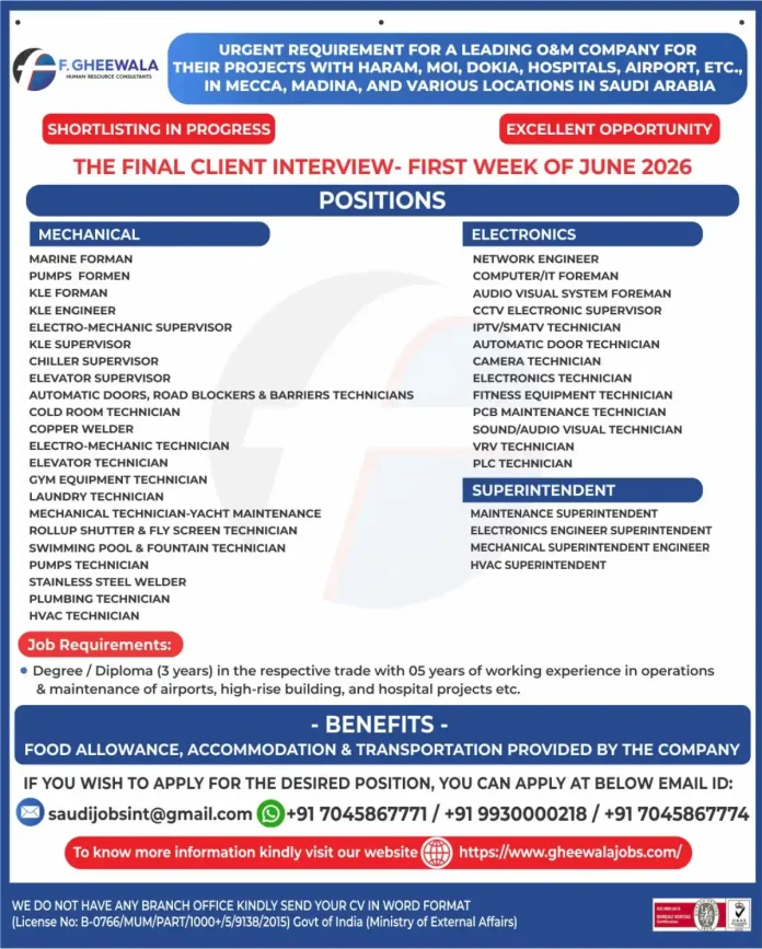 F. Gheewala O&M jobs Saudi Arabia – Mechanical, Electronics, HVAC, Elevator positions
