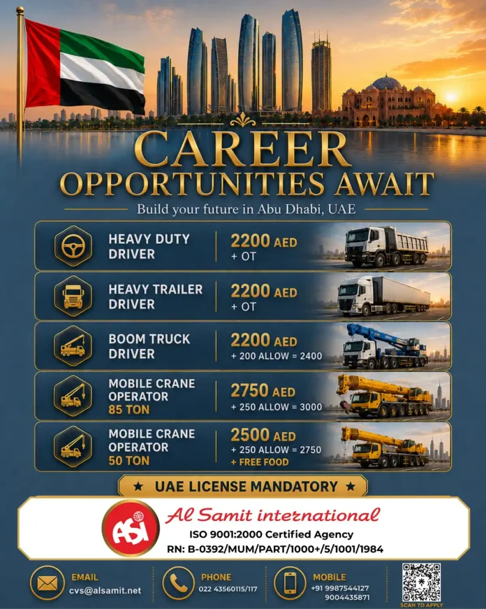 Heavy duty driver and crane operator jobs Abu Dhabi