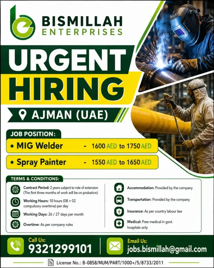 Bismillah Enterprises hiring MIG Welder and Spray Painter in Ajman