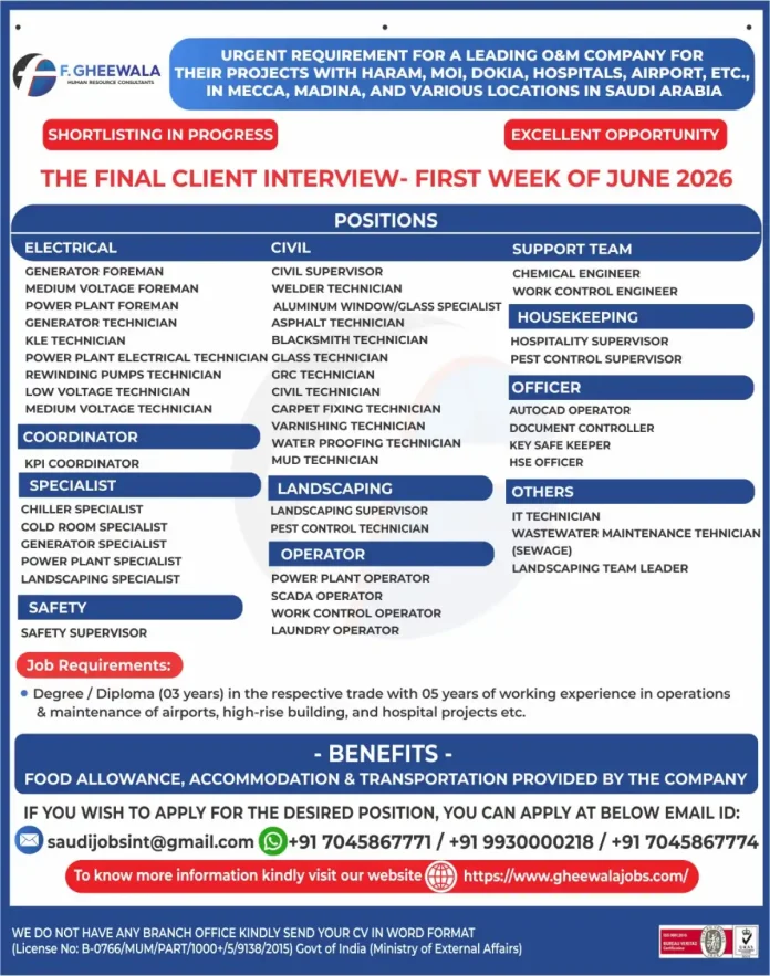 F Gheewala O&M jobs Saudi Arabia - multiple positions in Mecca Madina