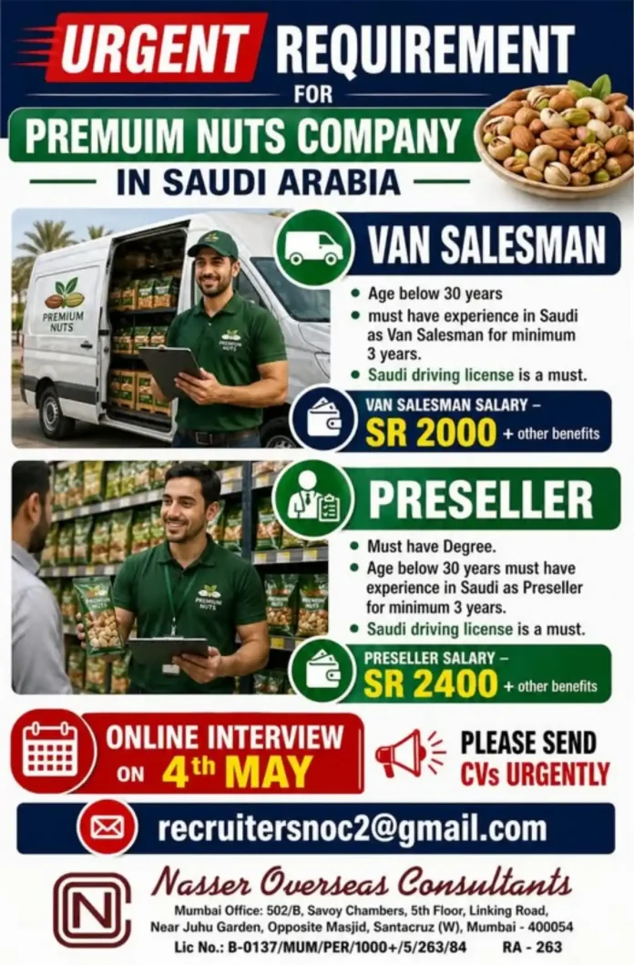 Premium Nuts Company recruitment Van Salesman Preseller