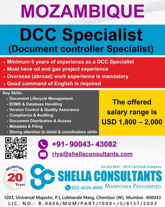 Shella Consultants recruiting DCC Specialist for Mozambique oil and gas project