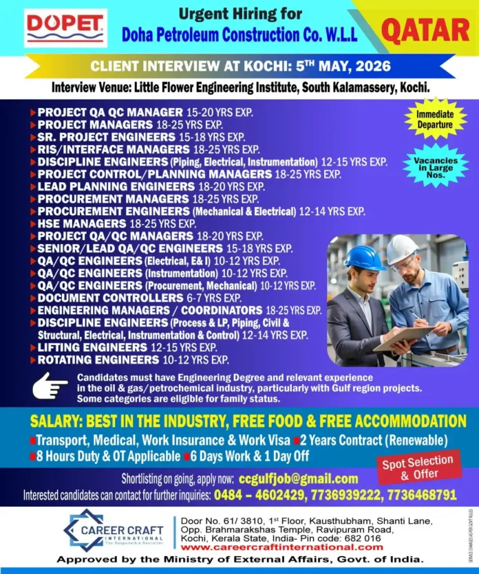 Doha Petroleum Construction Co. W.L.L Qatar job vacancies 2026 client interview Kochi