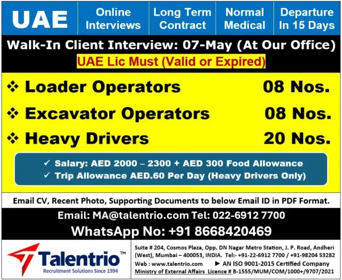 Talentrio UAE recruitment – Loader, Excavator, Heavy Driver jobs