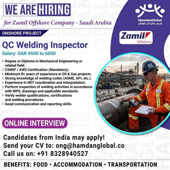 Zamil Offshore Company hiring QC Welding Inspector