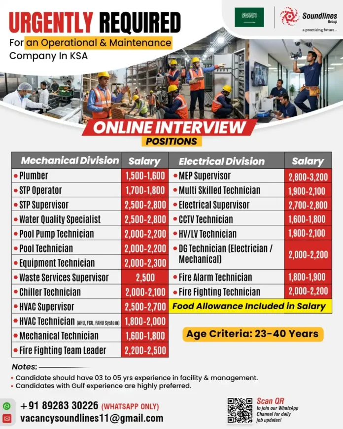 Soundlines Group recruitment for operational and maintenance jobs in KSA