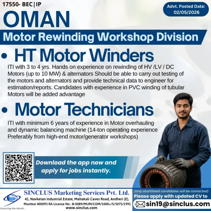 Motor rewinding workshop technician working on a high-voltage motor in Oman