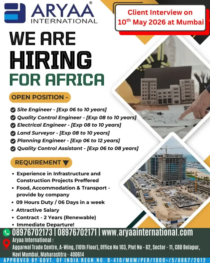 Aryaa International hiring for Africa construction jobs