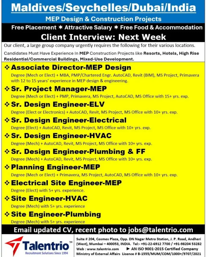 MEP Design Construction Jobs Maldives Seychelles Dubai India