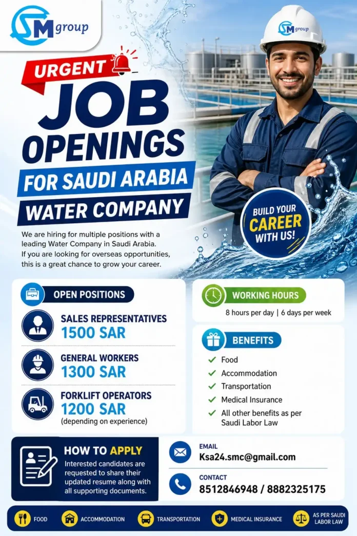 SM Group job openings for Saudi Arabia water company - Sales Representatives, General Workers, Forklift Operators