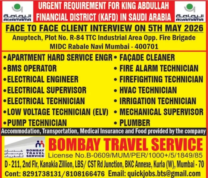 Face to face interview in Navi Mumbai for Saudi Arabia KAFD jobs