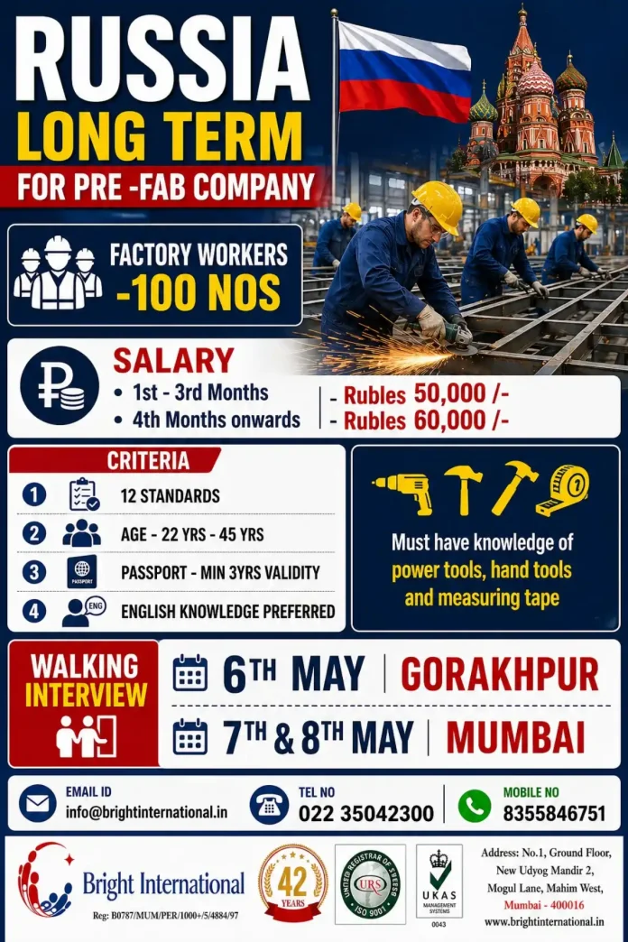 Factory workers walk-in interview poster for Russia pre-fab company
