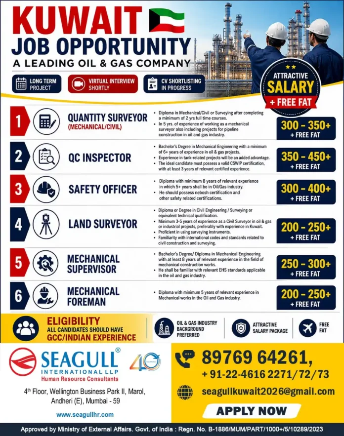 Seagull International Job Opportunity for Quantity Surveyor in Kuwait Oil and Gas