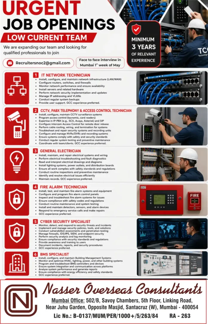 Nasser Overseas Consultants - Urgent hiring for IT, CCTV, Electrician, Fire Alarm, Cyber Security and BMS technicians