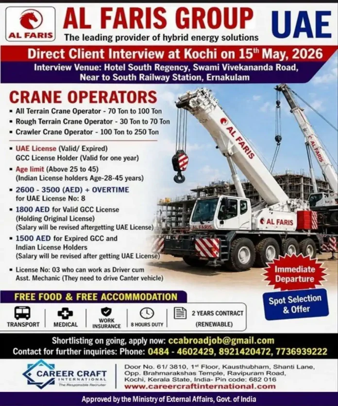 Al Faris Group crane operator job hiring Kochi