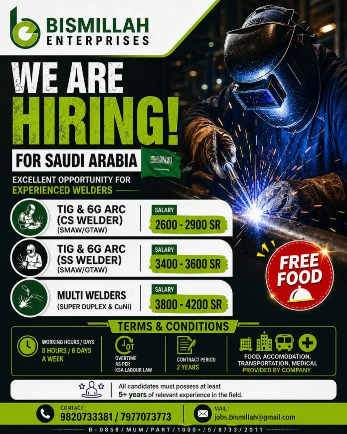 Bismillah Enterprises hiring welders for Saudi Arabia
