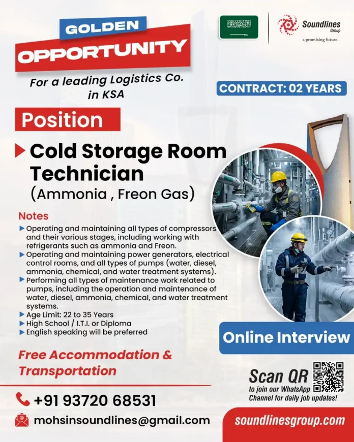 Cold Storage Room Technician job opportunity with Soundlines Group in KSA