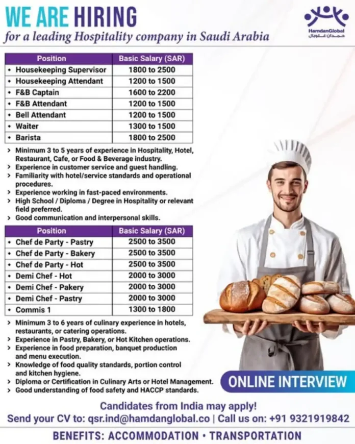 Hospitality jobs in Saudi Arabia - Housekeeping, F&B, Culinary positions