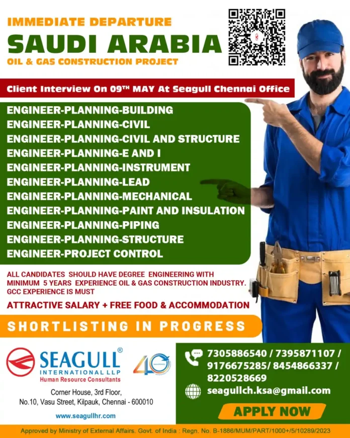 Oil and gas construction planning engineer job in Saudi Arabia