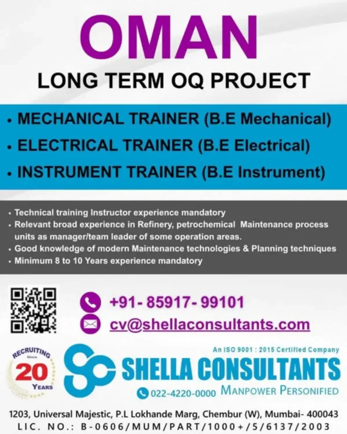 Oman OQ Project Trainer Jobs at Shella Consultants