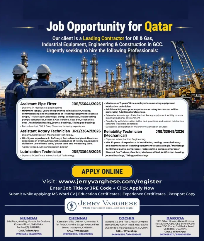 Job opportunity for Qatar oil and gas rotating equipment technician
