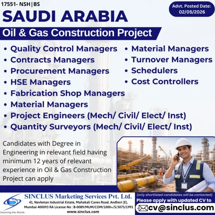 Oil and gas construction site with workers and equipment in Saudi Arabia