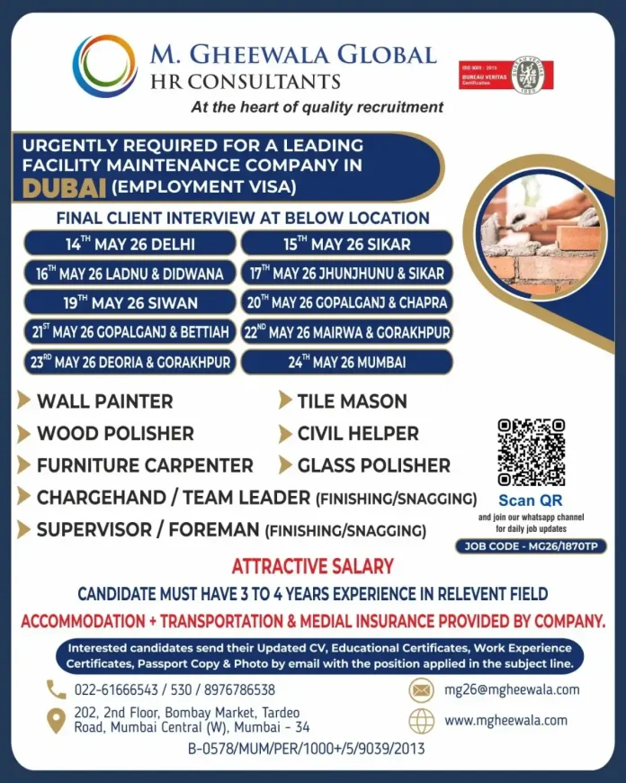 M. Gheewala Global HR Consultants recruitment for facility maintenance jobs in Dubai