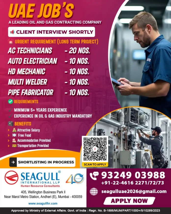 Oil and Gas job vacancies for AC Technicians, Auto Electricians, HD Mechanics, Multi Welders, and Pipe Fabricators in UAE