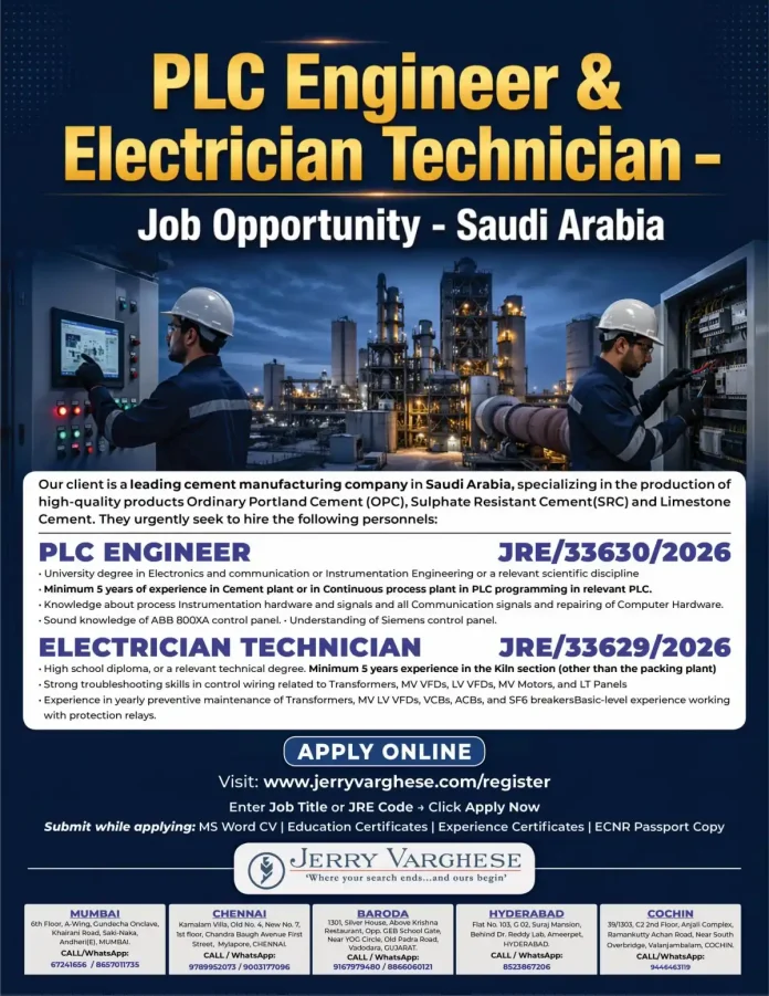 PLC Engineer and Electrician Technician job at cement plant in Saudi Arabia