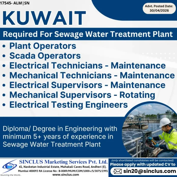 Sewage Water Treatment Plant job advertisement Kuwait