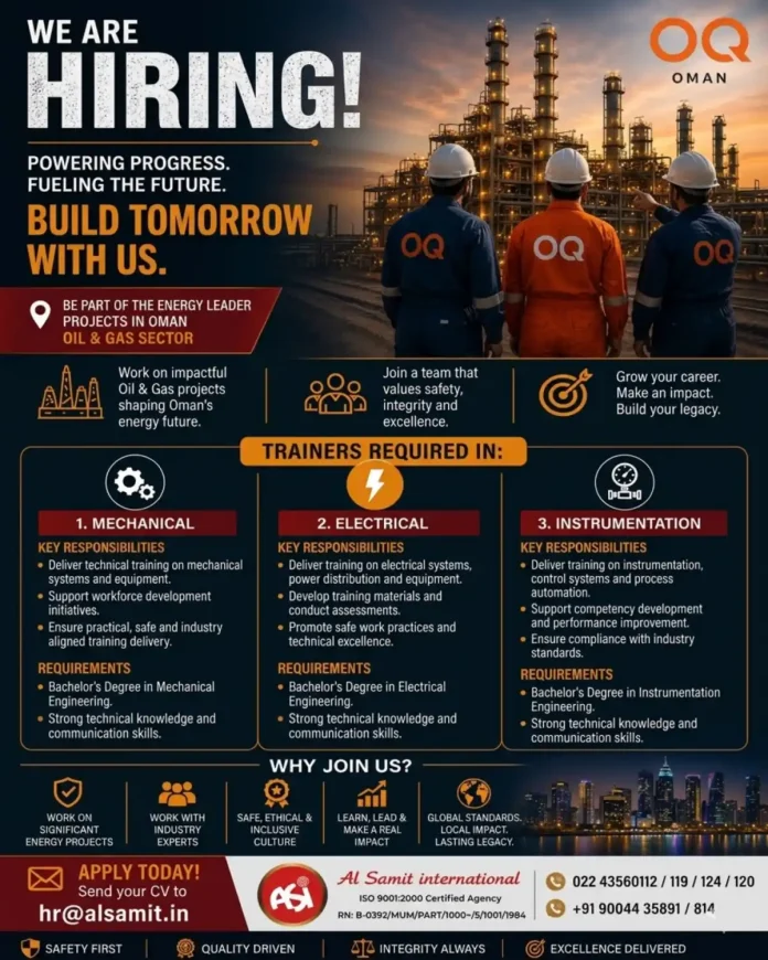 OQ trainer job advertisement for Oil & Gas projects in Oman