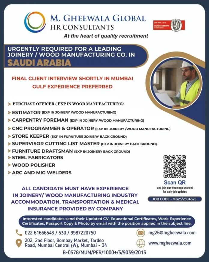 M. Gheewala Global HR Consultants Job Advertisement for Joinery/Wood Manufacturing in Saudi Arabia