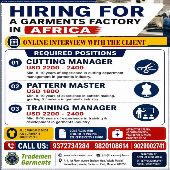 Garments factory recruitment Africa cutting manager pattern master training manager