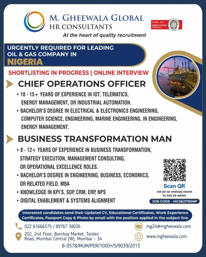 M. Gheewala Global HR Consultants recruitment flyer for Chief Operations Officer Nigeria